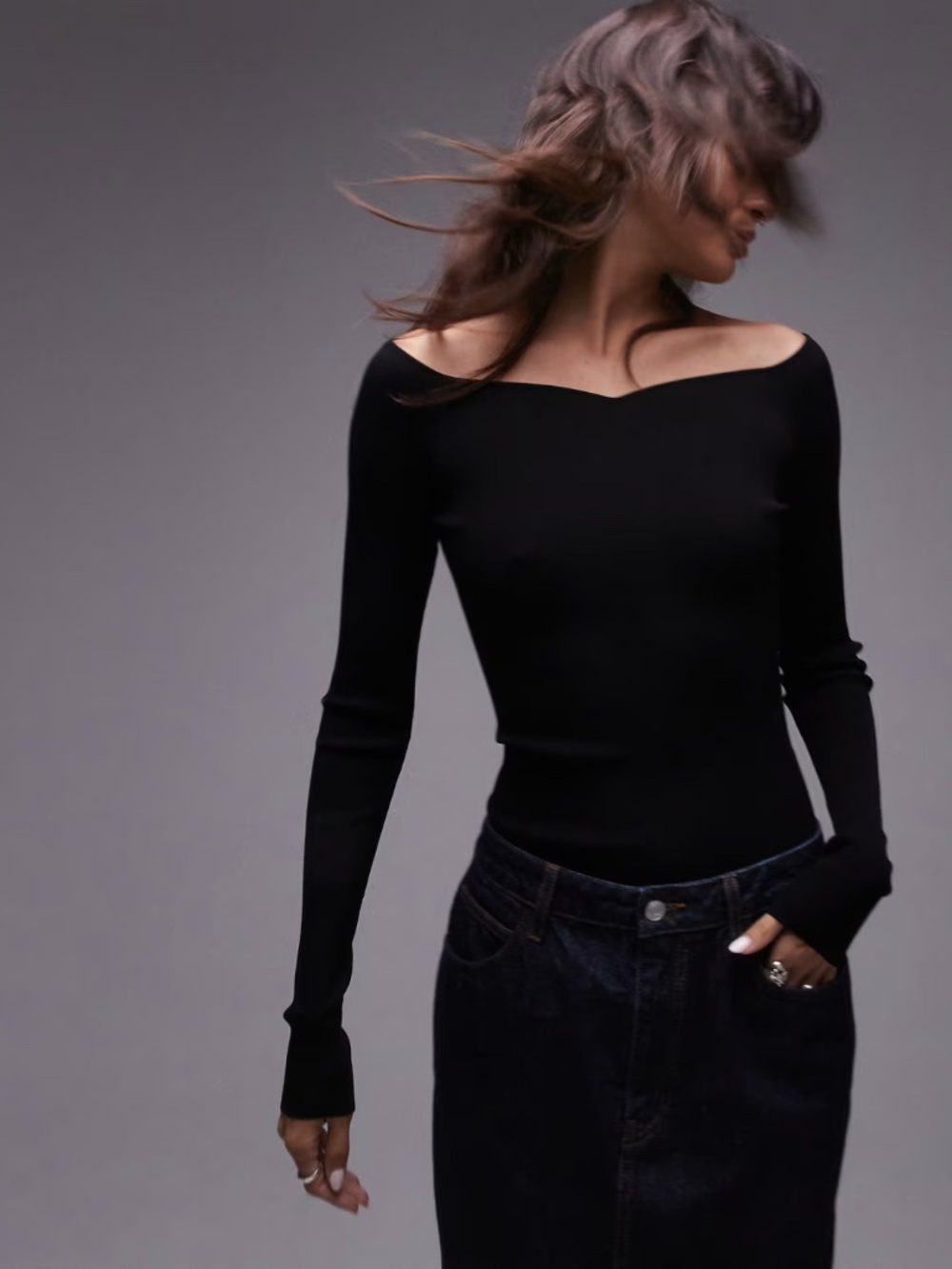 ARKET compact slinky compact knit top with off shoulder sweetheart neckline